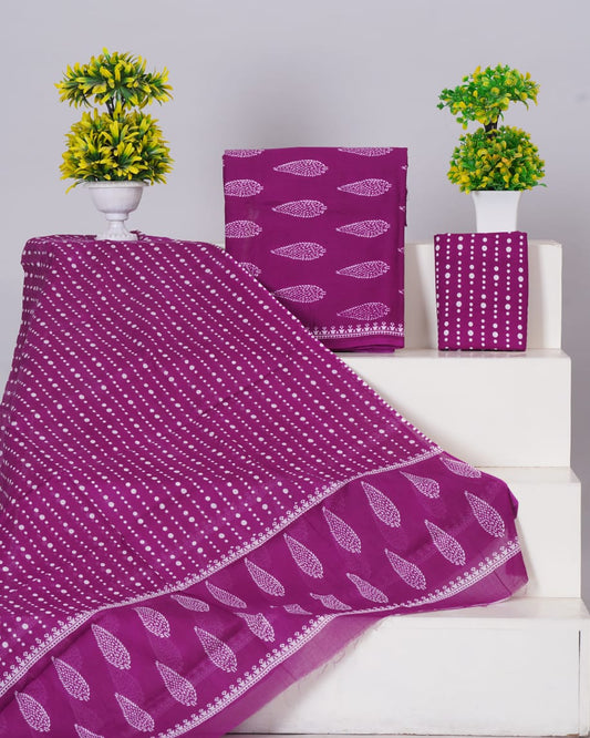 Hand Printed Unstiched Cotton Suit With Mulmul Dupatta