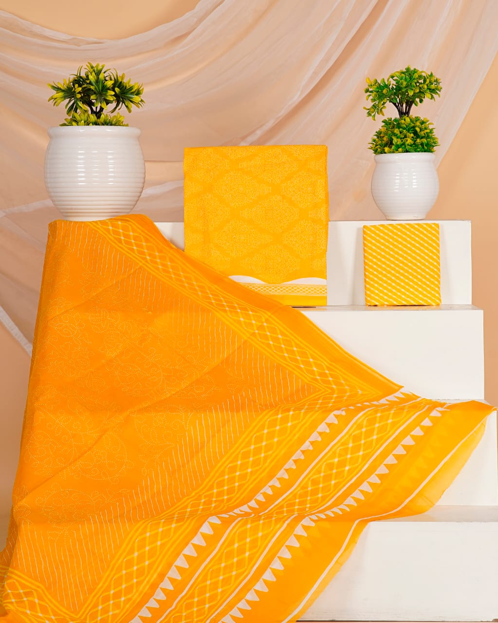 Hand Printed Unstiched Cotton Suit With Mulmul Dupatta