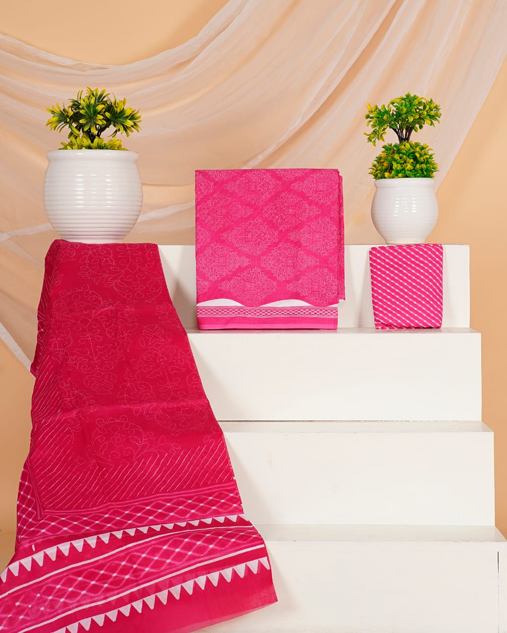 Hand Printed Unstiched Cotton Suit With Mulmul Dupatta