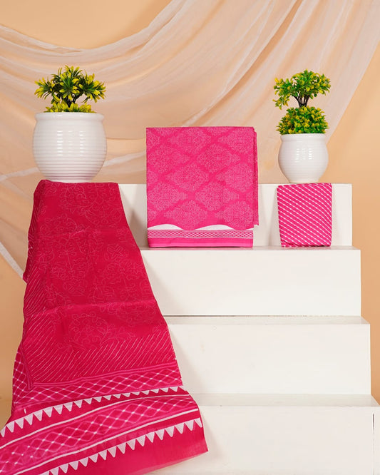 Hand Printed Unstiched Cotton Suit With Mulmul Dupatta