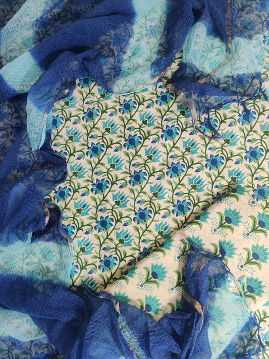 Pure Cotton Unstitched Suit With Pure Kota Doria Dupatta