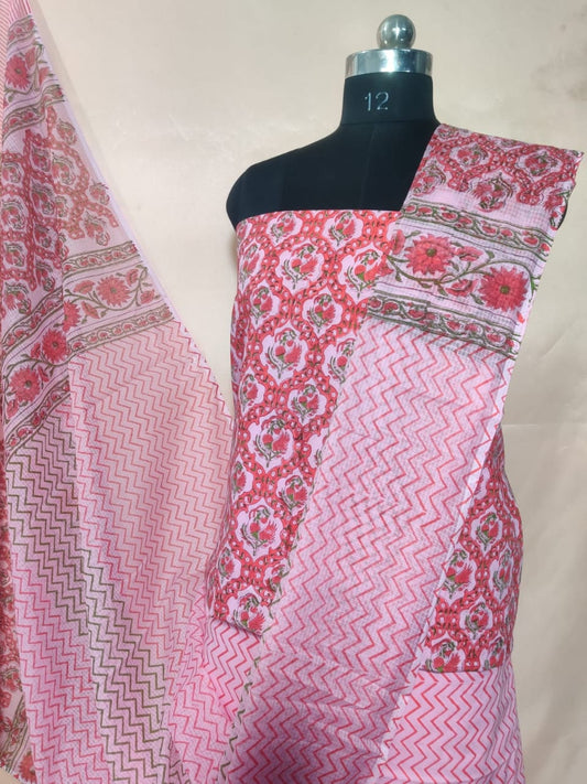 Pure Cotton Unstitched Suit With Pure Kota Doria Dupatta