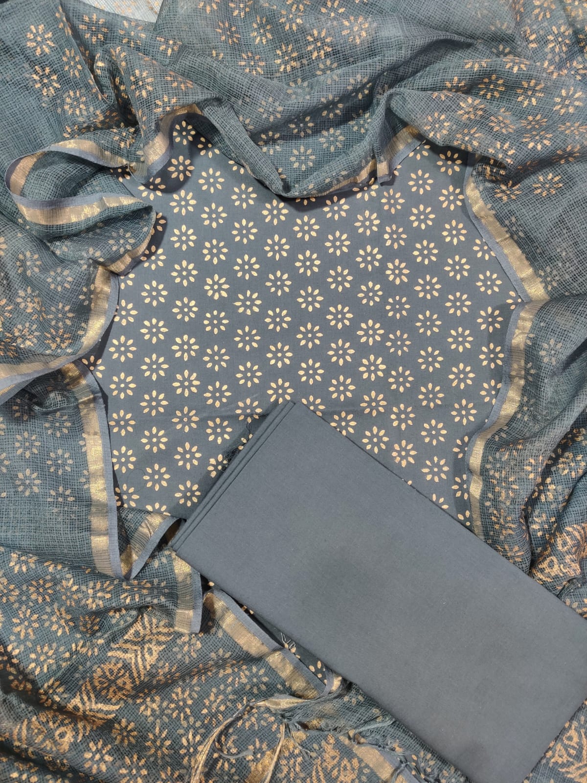 Pure Cotton Unstitched Suit With Pure Kota Doria Dupatta