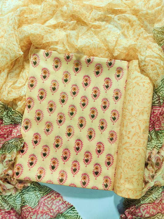 Pure Cotton Unstitched Suit With Chiffon Dupatta