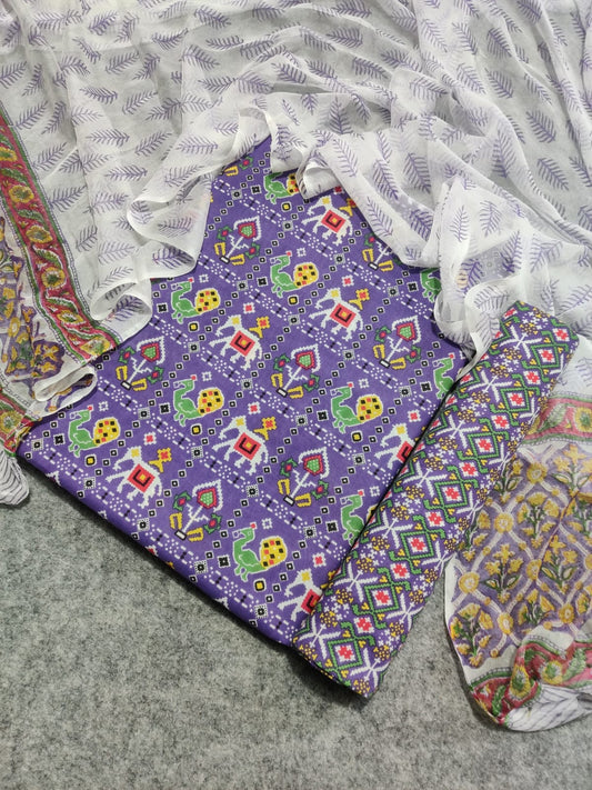 Pure Cotton Unstitched Suit With Chiffon Dupatta