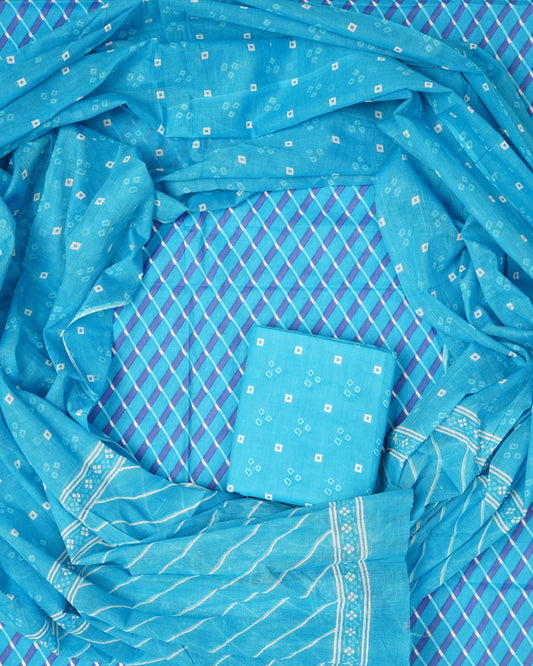 Hand Block Printed Unstiched Cotton Suit With Mulmul Dupatta