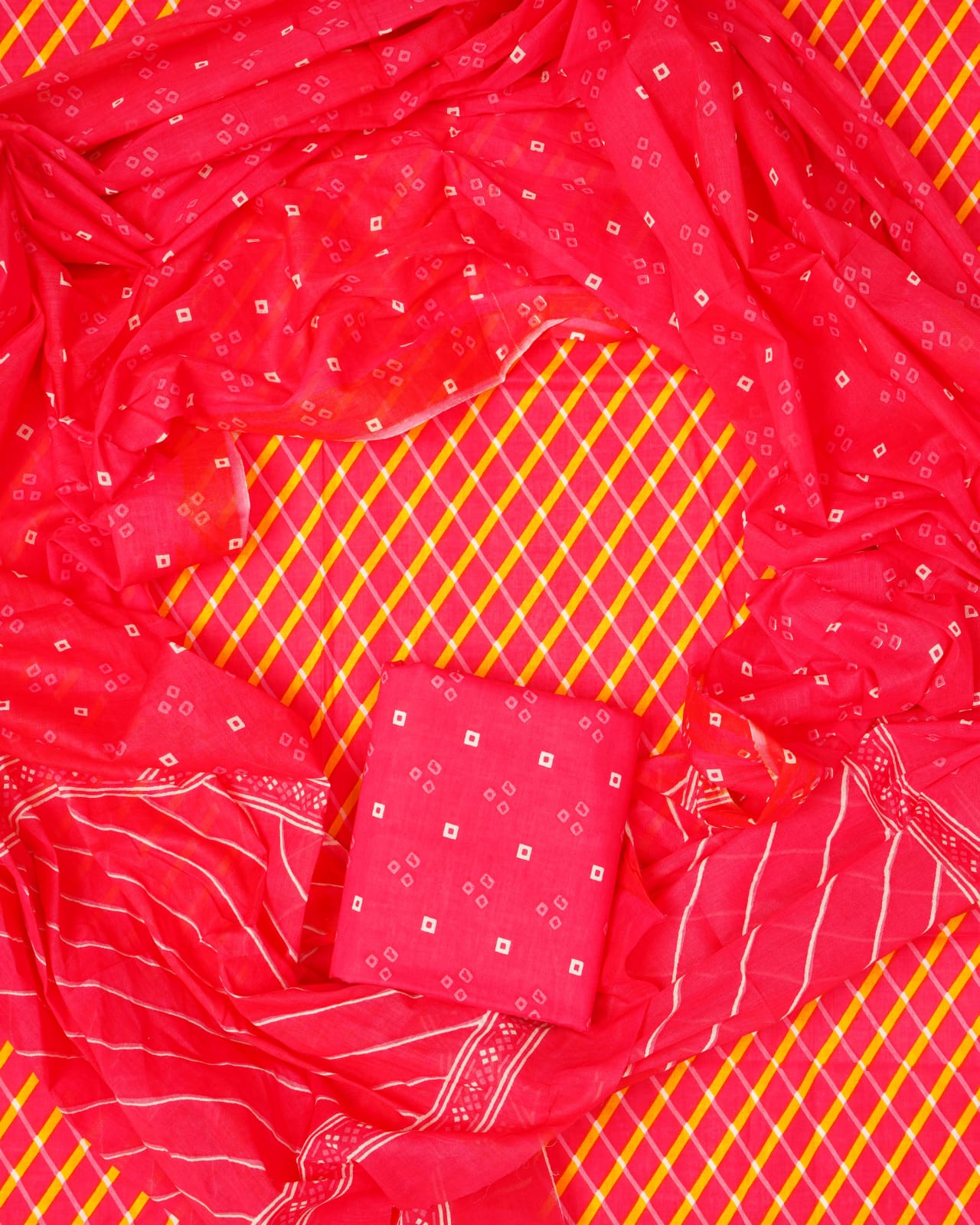 Hand Printed Unstiched Cotton Suit With Mulmul Dupatta