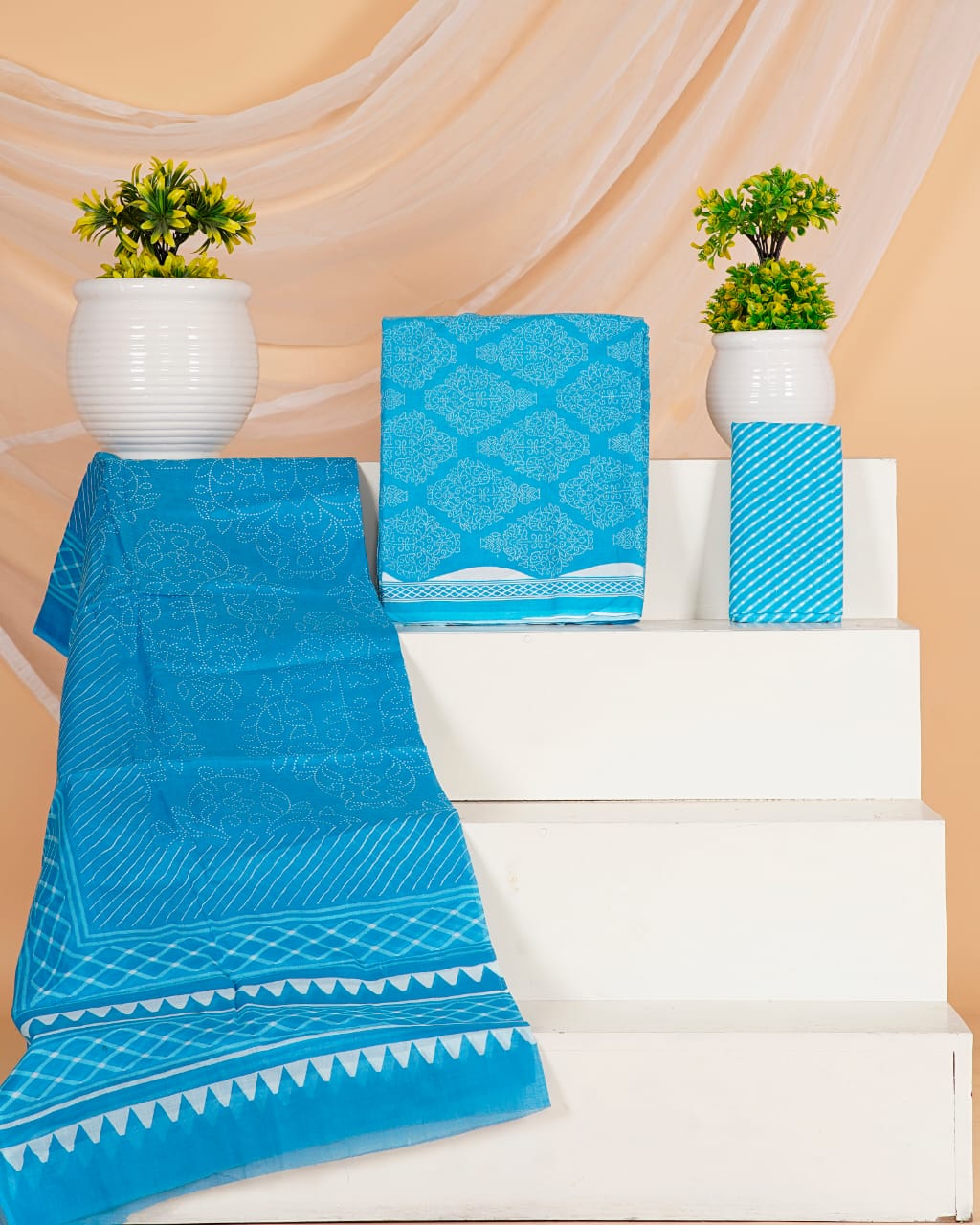 Hand Printed Unstiched Cotton Suit With Mulmul Dupatta