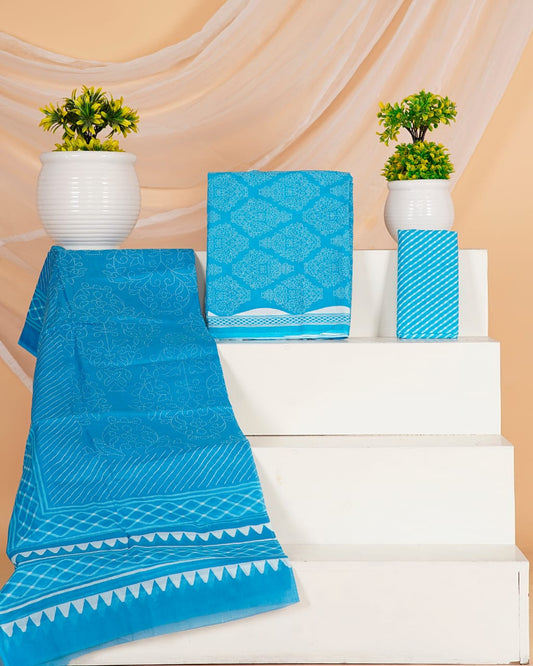 Hand Printed Unstiched Cotton Suit With Mulmul Dupatta