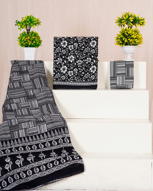 Hand Printed Unstiched Cotton Suit With Mulmul Dupatta