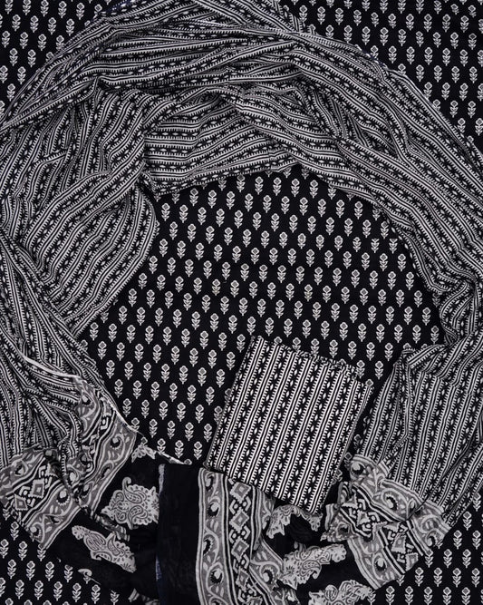 Hand Printed Unstiched Cotton Suit With Mulmul Dupatta