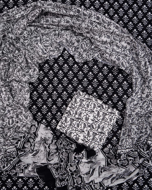 Hand Printed Unstiched Cotton Suit With Mulmul Dupatta