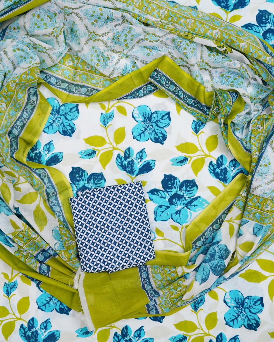 Hand Printed Unstiched Cotton Suit With Mulmul Dupatta