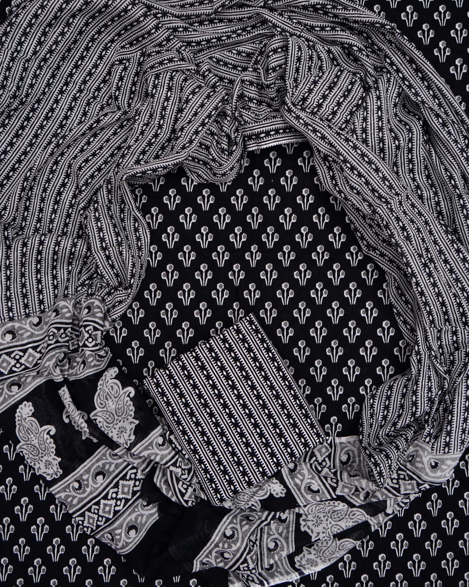 Hand Printed Unstiched Cotton Suit With Mulmul Dupatta
