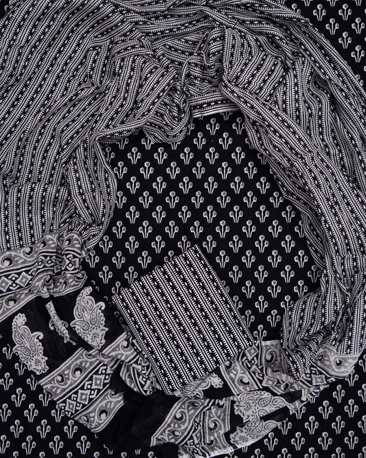 Hand Printed Unstiched Cotton Suit With Mulmul Dupatta