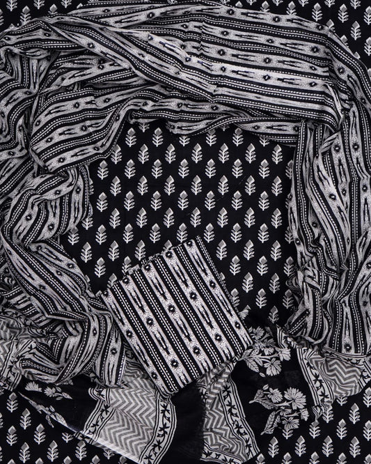 Hand Printed Unstiched Cotton Suit With Mulmul Dupatta