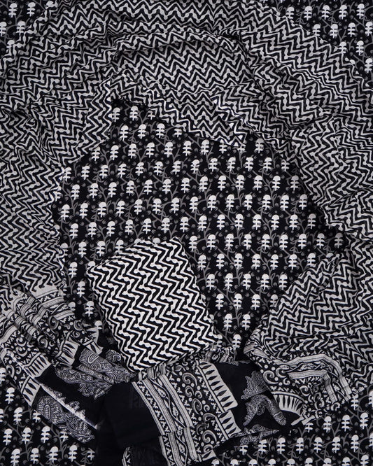 Hand Printed Unstiched Cotton Suit With Mulmul Dupatta