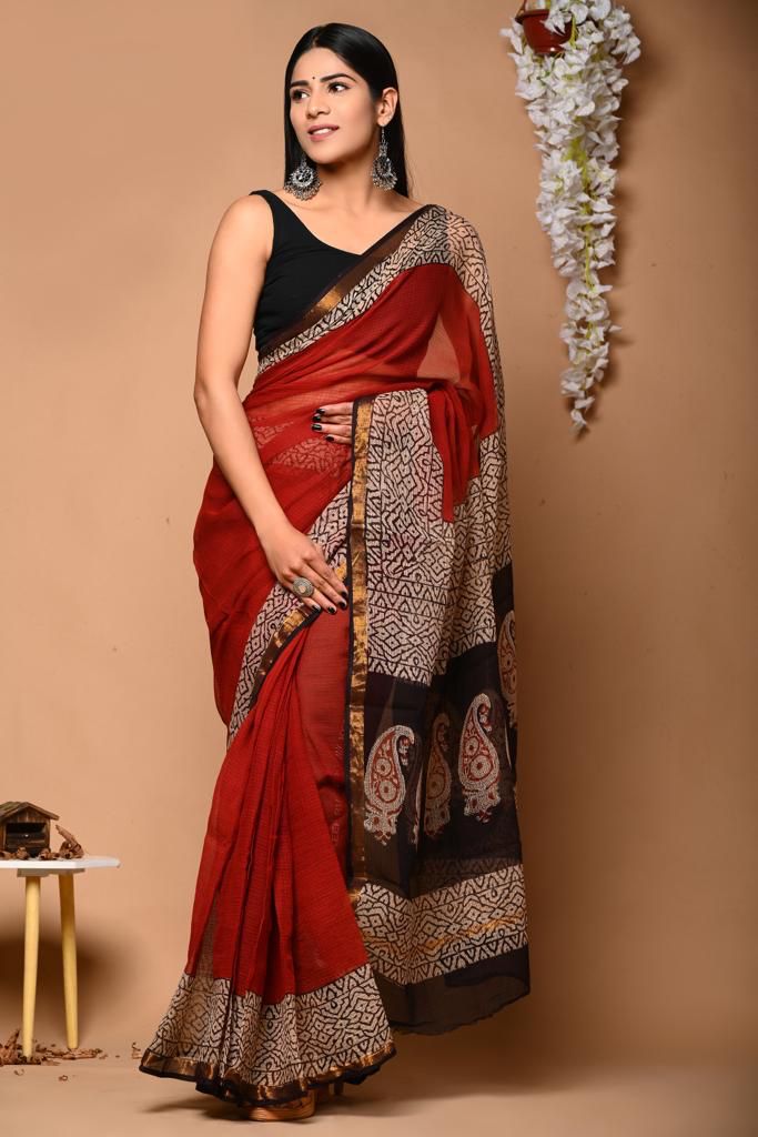 Pure Kota Doria Saree (5.5 Mtr) With Unstiched Blouse Piece (80 CM)