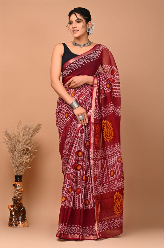 Pure Kota Doria Saree (5.5 Mtr) With Unstiched Blouse Piece (80 CM)
