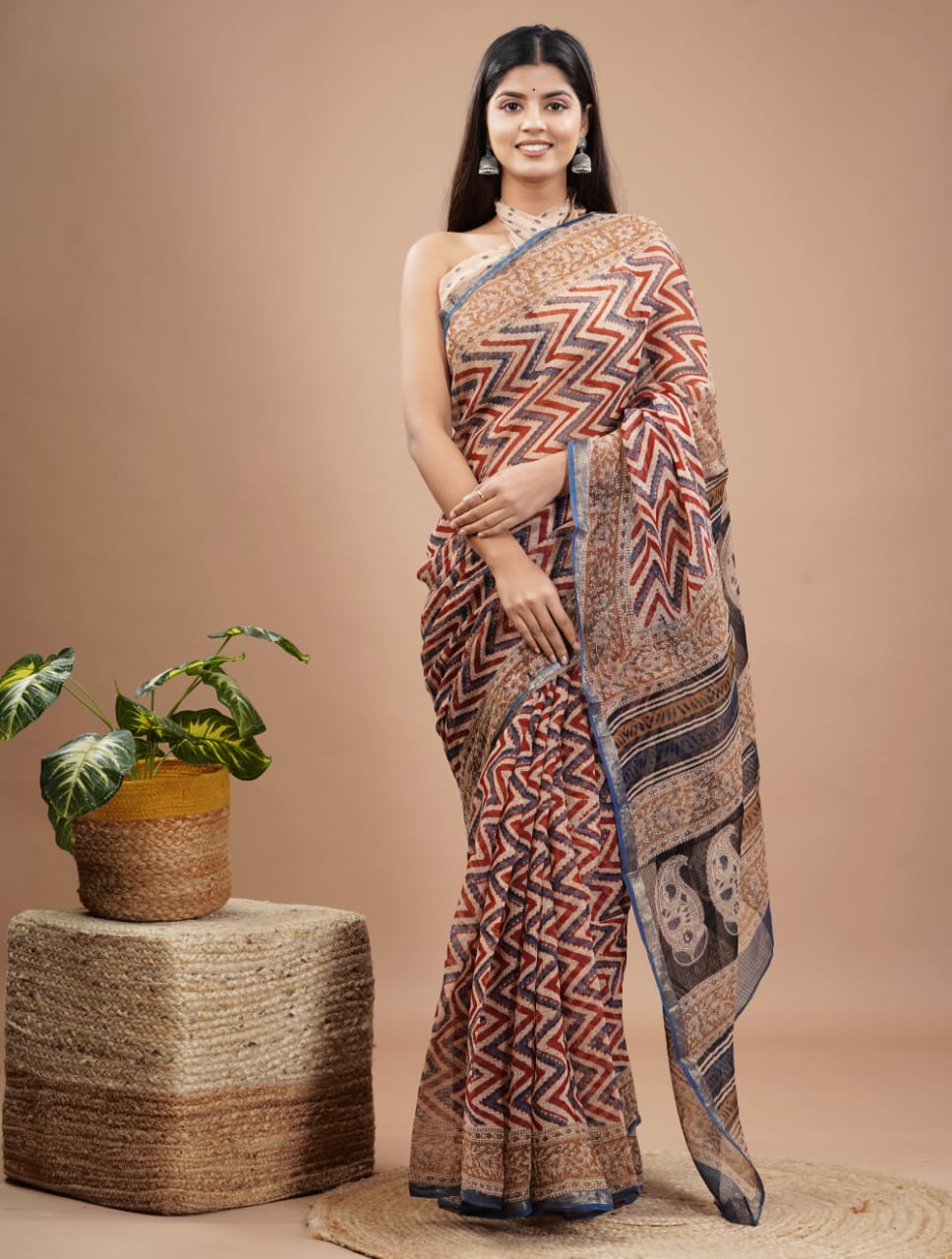 Pure Kota Doria Saree (5.5 Mtr) With Unstiched Blouse Piece (80 CM)
