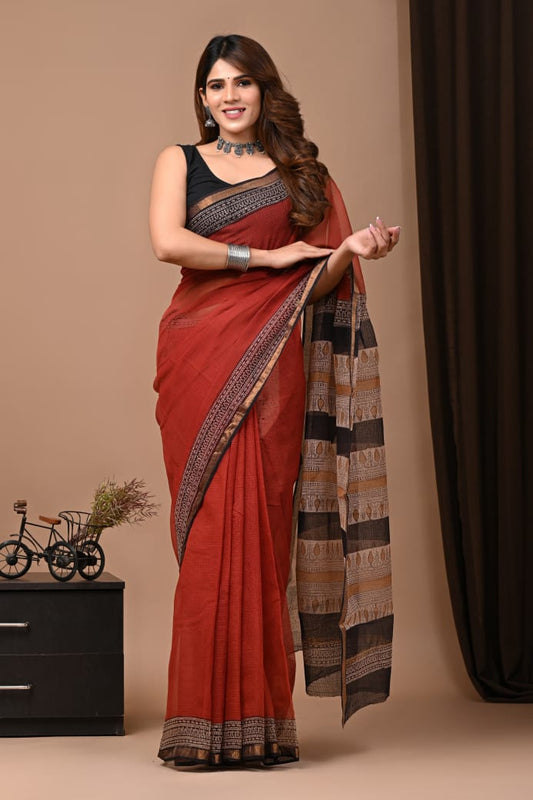 Pure Kota Doria Saree (5.5 Mtr) With Unstiched Blouse Piece (80 CM)
