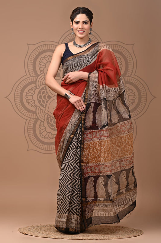 Pure Kota Doria Saree (5.5 Mtr) With Unstiched Blouse Piece (80 CM)