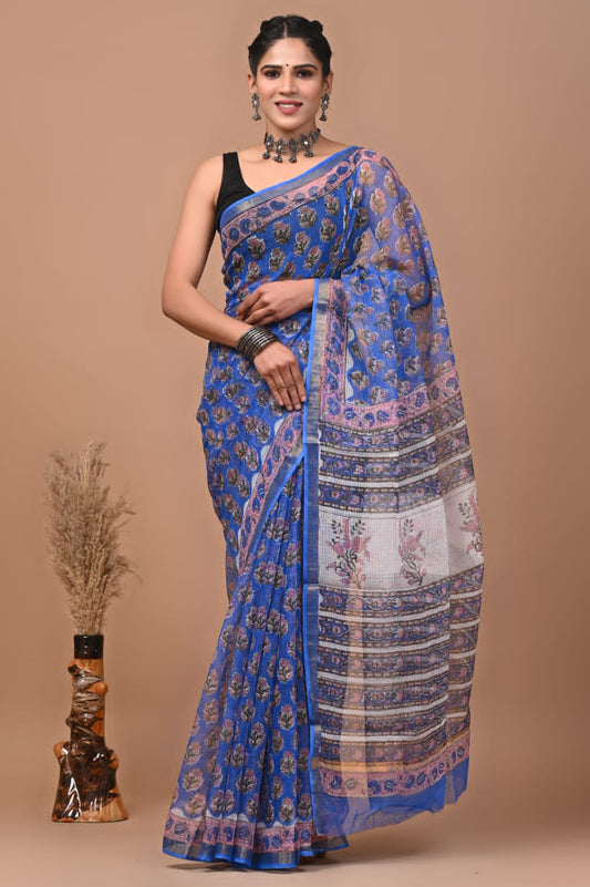 Pure Kota Doria Saree (5.5 Mtr) With Unstiched Blouse Piece (80 CM)