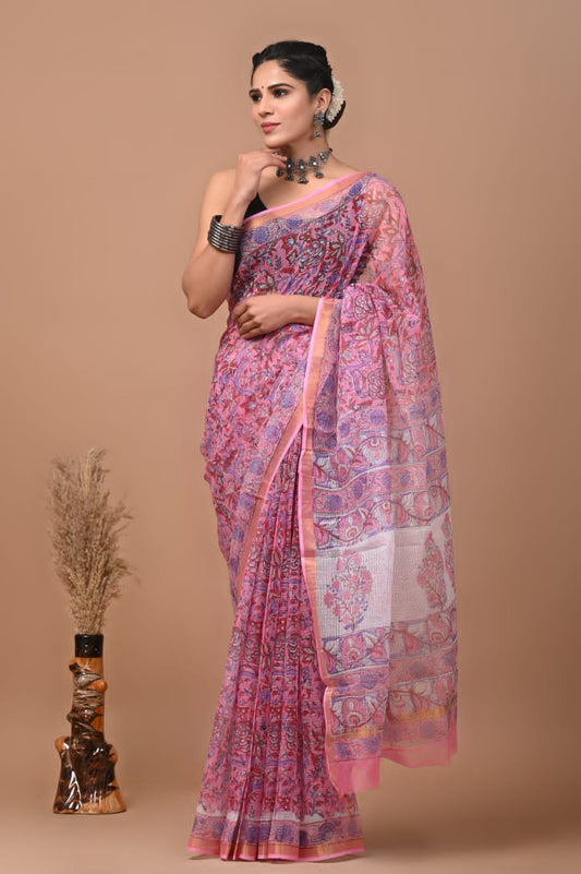 Pure Kota Doria Saree (5.5 Mtr) With Unstiched Blouse Piece (80 CM)