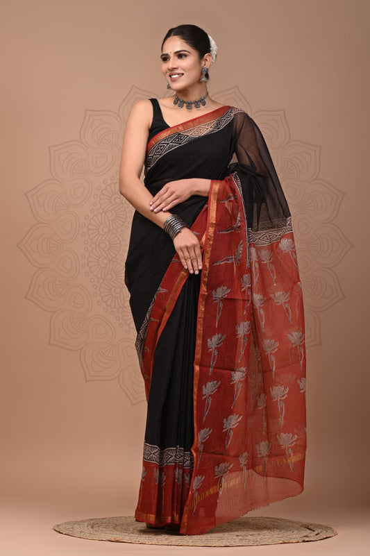 Pure Kota Doria Saree (5.5 Mtr) With Unstiched Blouse Piece (80 CM)