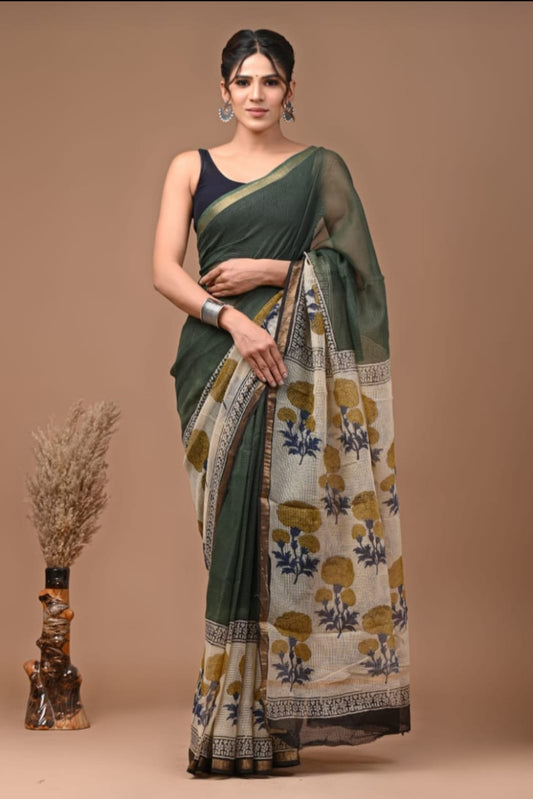 Pure Kota Doria Saree (5.5 Mtr) With Unstiched Blouse Piece (80 CM)