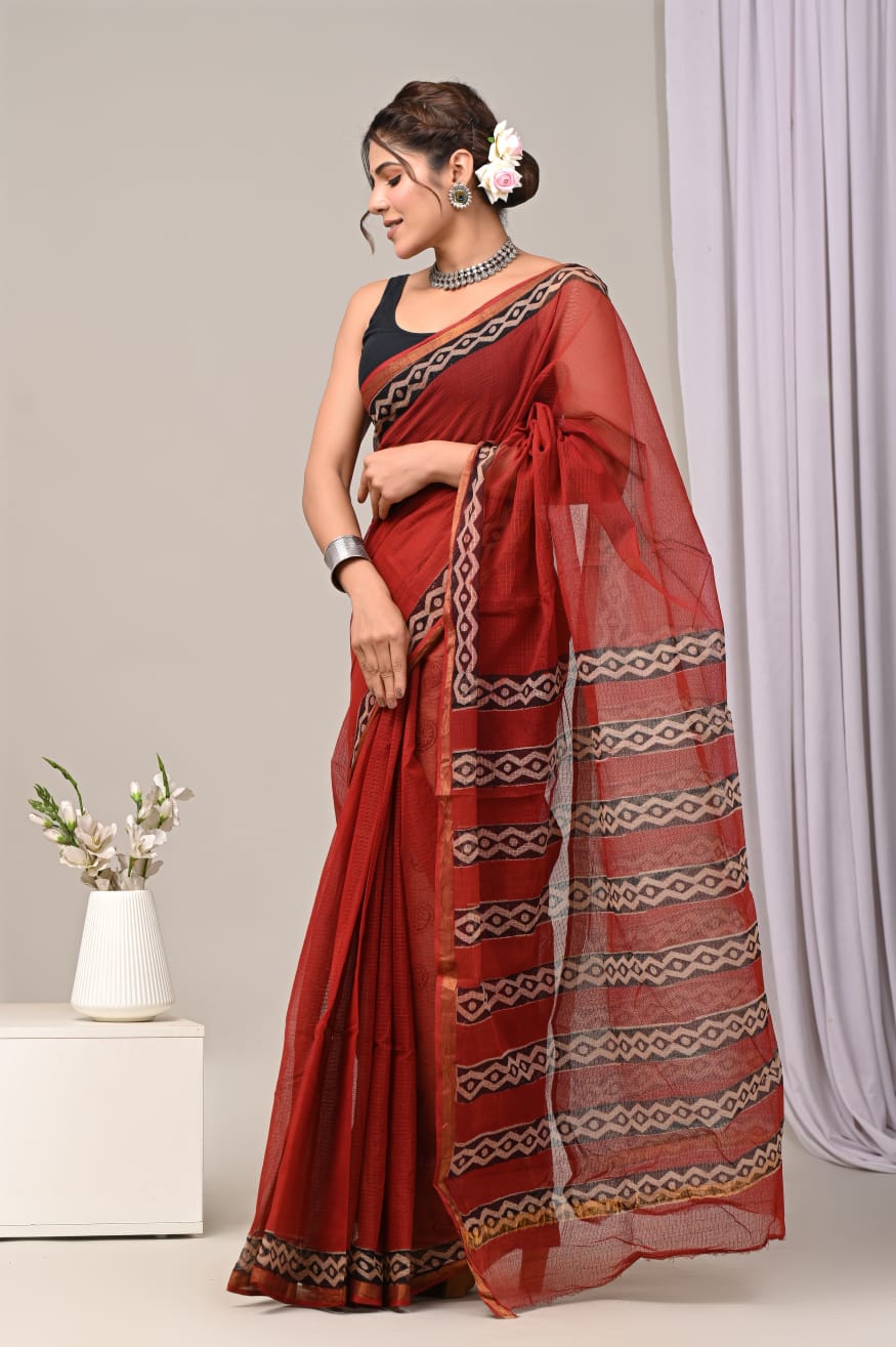 Pure Kota Doria Saree (5.5 Mtr) With Unstiched Blouse Piece (80 CM)