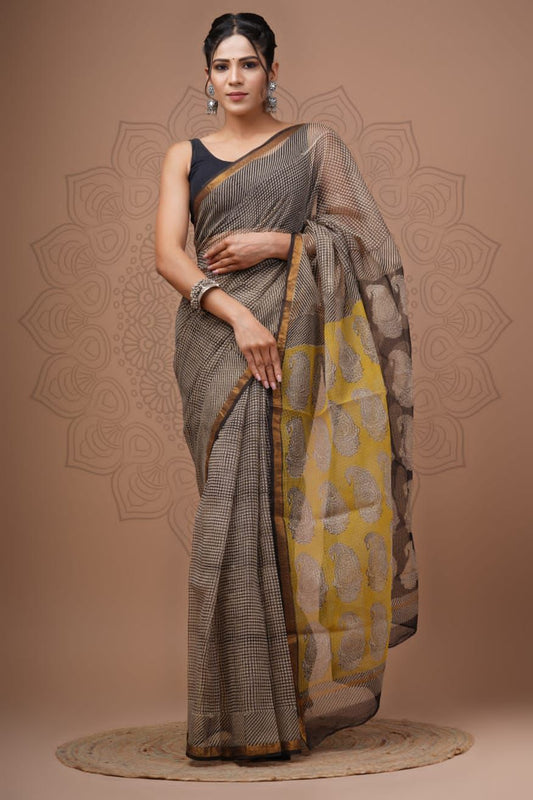 Pure Kota Doria Saree (5.5 Mtr) With Unstiched Blouse Piece (80 CM)