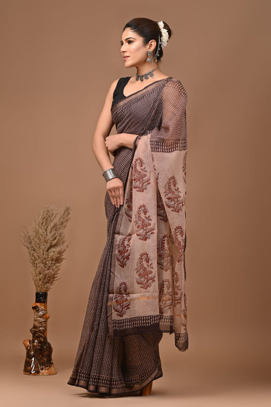 Pure Kota Doria Saree (5.5 Mtr) With Unstiched Blouse Piece (80 CM)
