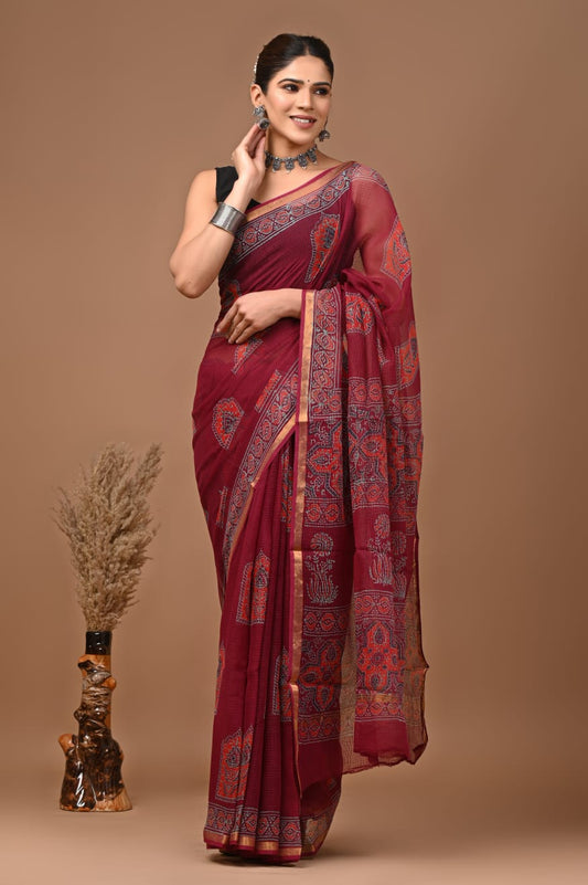 Pure Kota Doria Saree (5.5 Mtr) With Unstiched Blouse Piece (80 CM)
