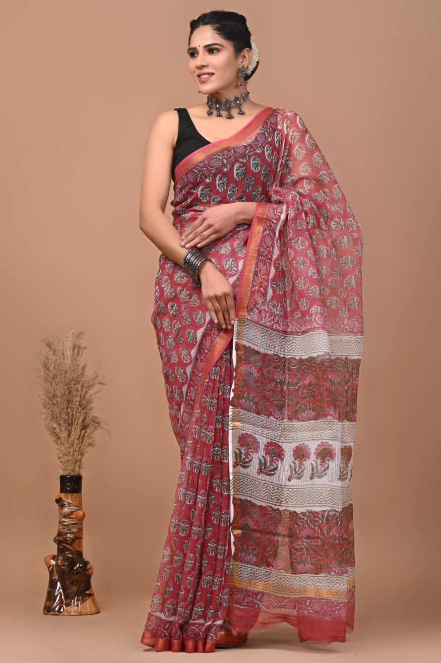 Pure Kota Doria Saree (5.5 Mtr) With Unstiched Blouse Piece (80 CM)