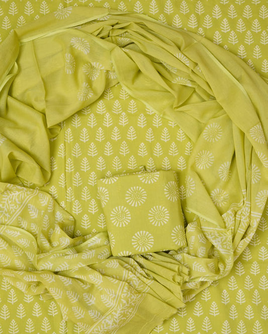 Hand Block Printed Unstiched Cotton Suit With Mulmul Dupatta