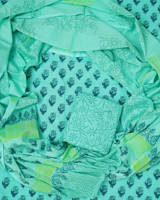 Hand Block Printed Unstiched Cotton Suit With Mulmul Dupatta