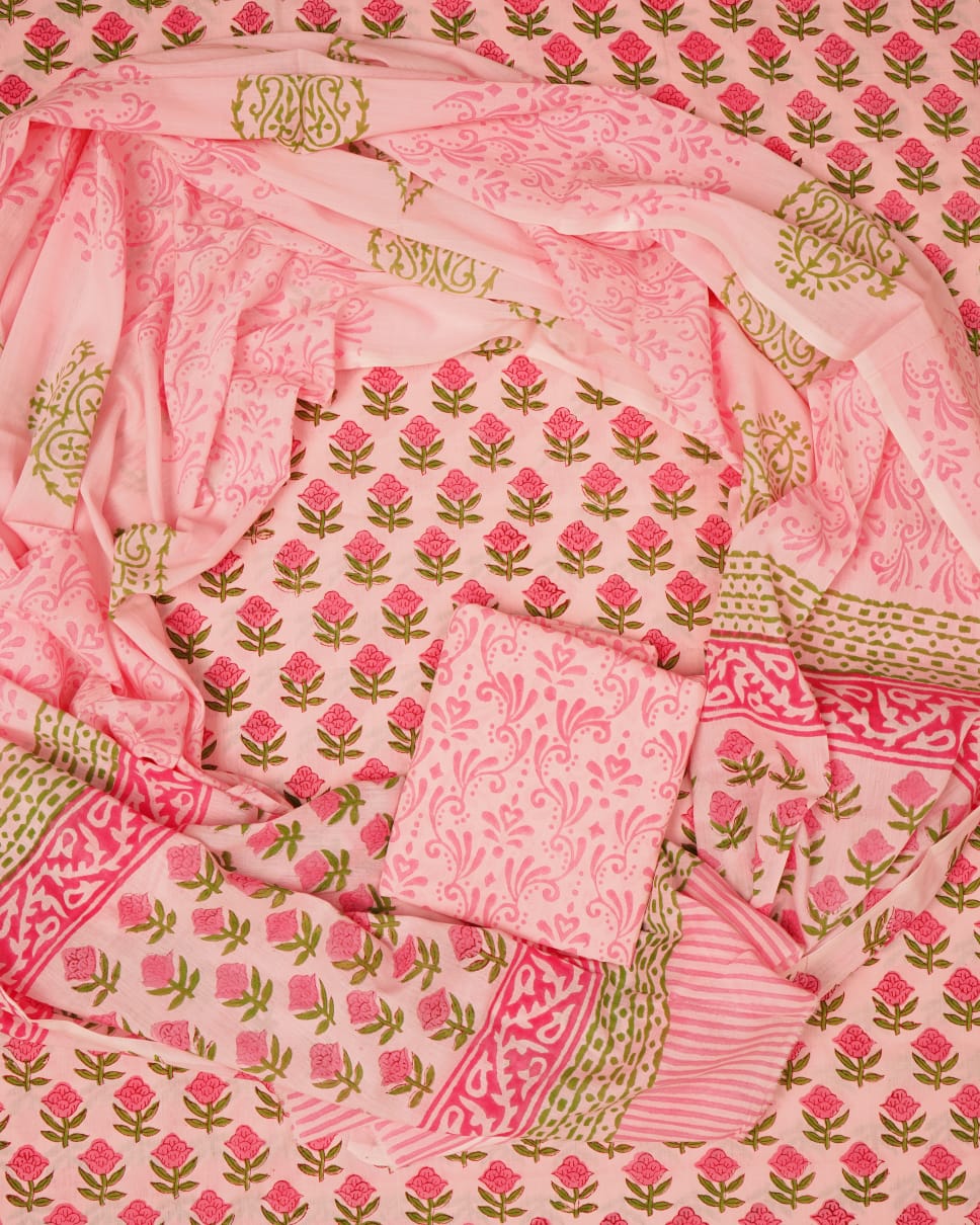Hand Block Printed Unstiched Cotton Suit With Mulmul Dupatta