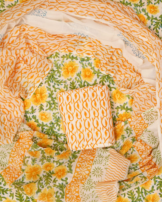 Hand Block Printed Unstiched Cotton Suit With Mulmul Dupatta