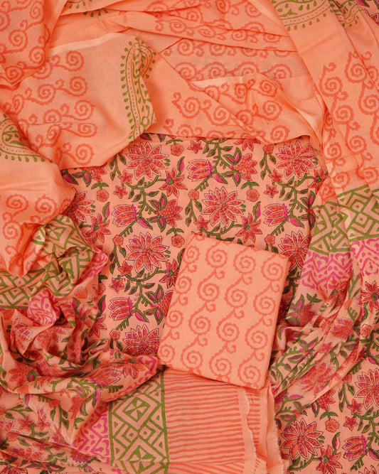 Hand Block Printed Unstiched Cotton Suit With Mulmul Dupatta