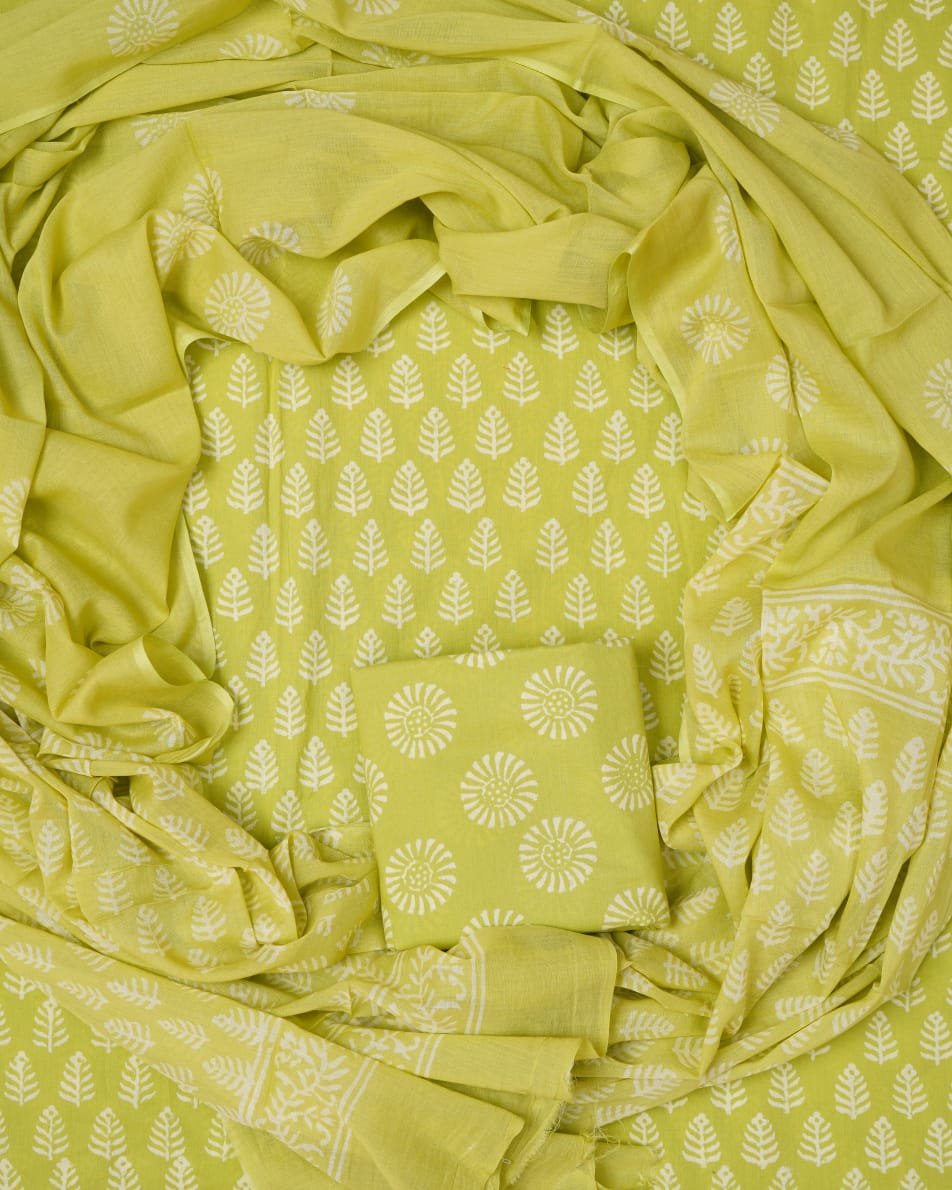 Hand Block Printed Unstiched Cotton Suit With Mulmul Dupatta