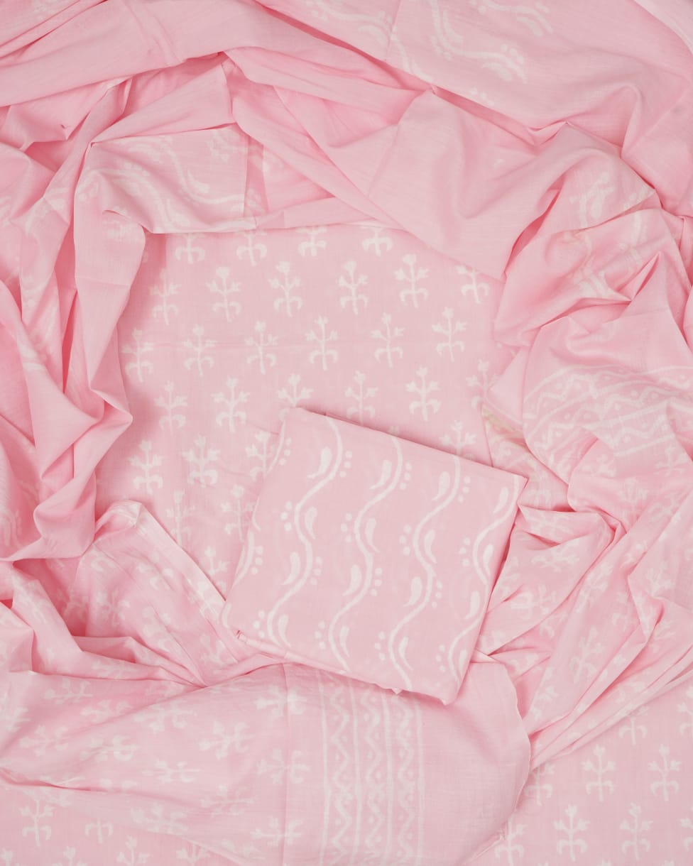 Hand Block Printed Unstiched Cotton Suit With Mulmul Dupatta