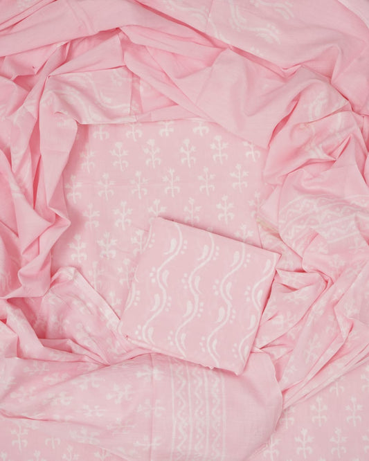 Hand Block Printed Unstiched Cotton Suit With Mulmul Dupatta