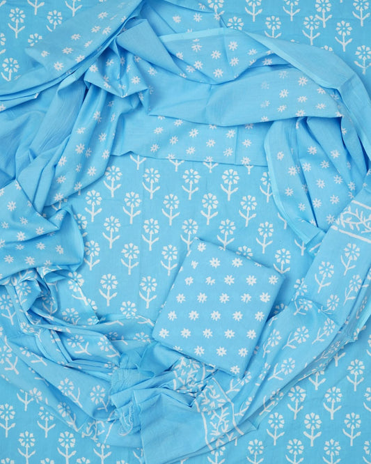Hand Block Printed Unstiched Cotton Suit With Mulmul Dupatta