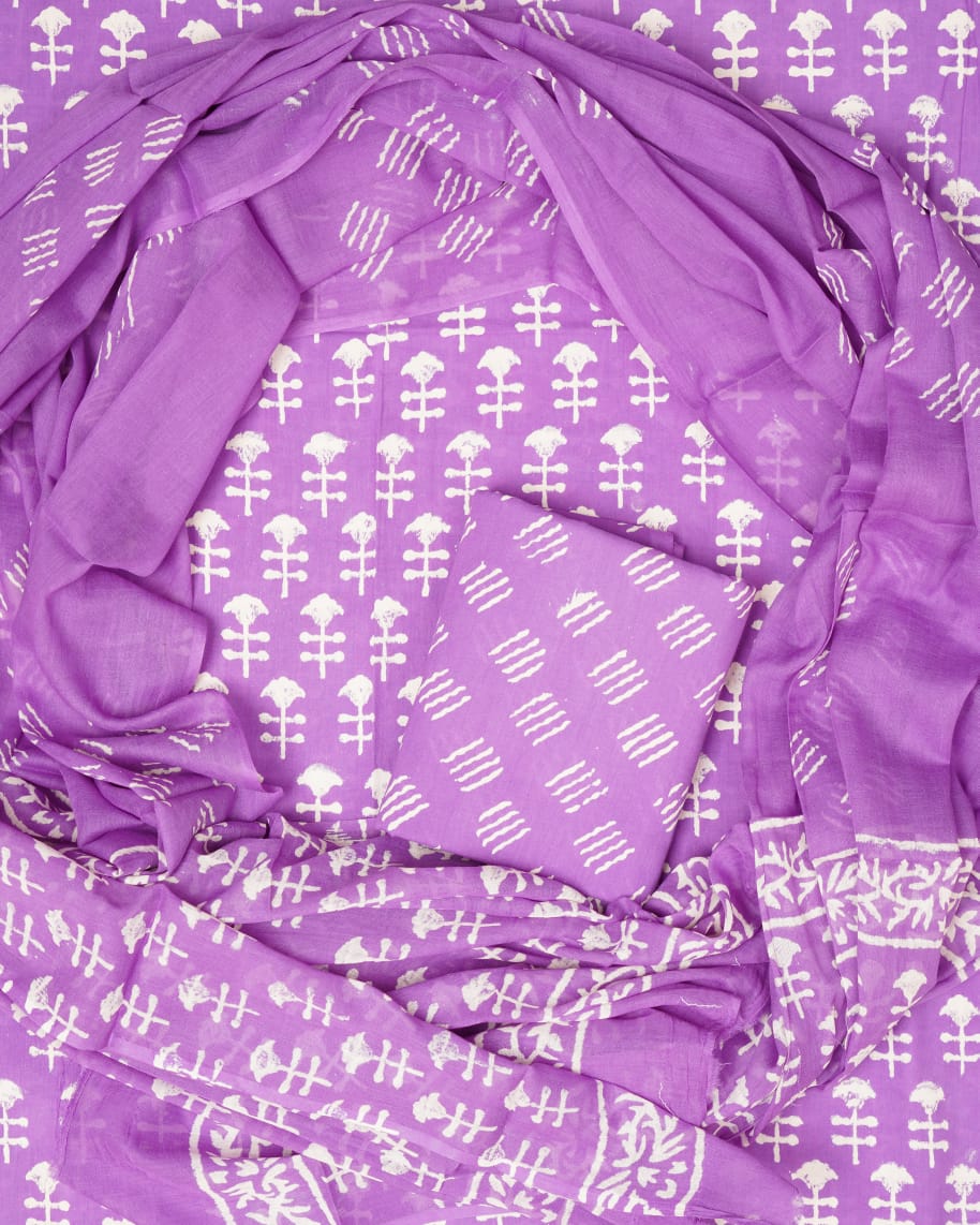 Hand Block Printed Unstiched Cotton Suit With Mulmul Dupatta