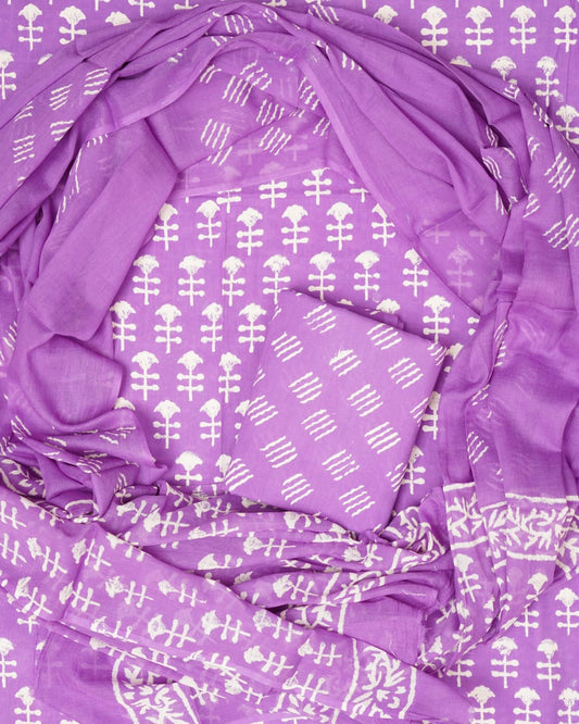 Hand Block Printed Unstiched Cotton Suit With Mulmul Dupatta