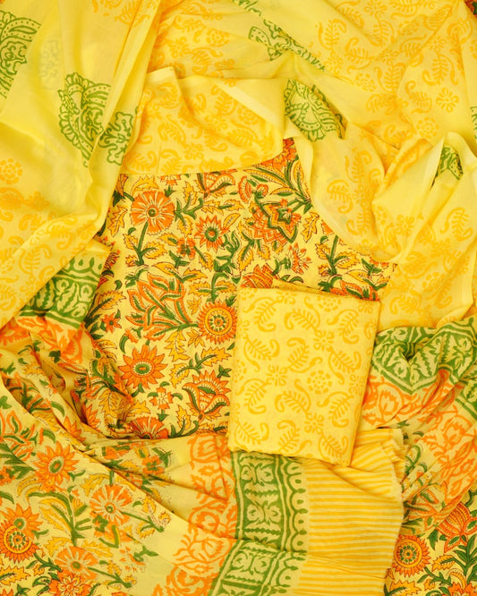 Hand Block Printed Unstiched Cotton Suit With Mulmul Dupatta