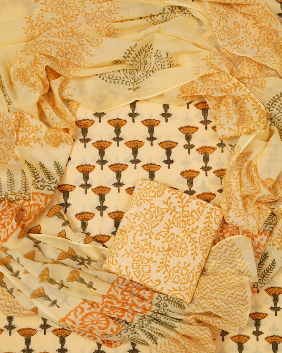 Hand Block Printed Unstiched Cotton Suit With Mulmul Dupatta