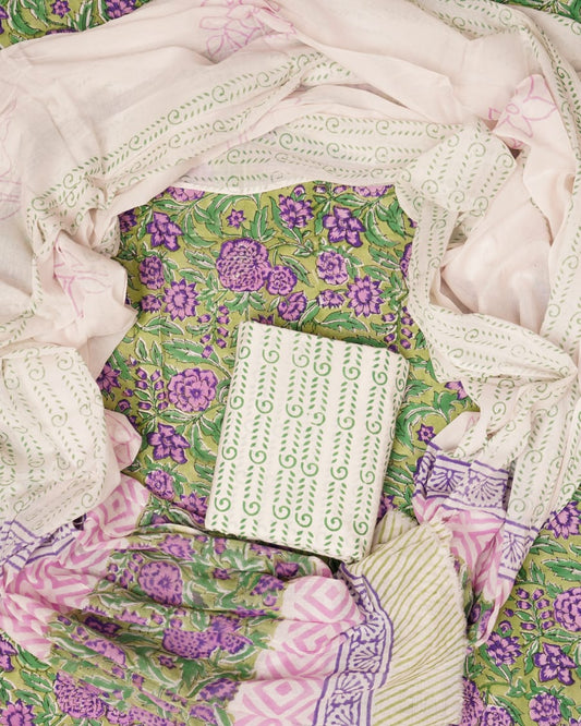Hand Block Printed Unstiched Cotton Suit With Mulmul Dupatta