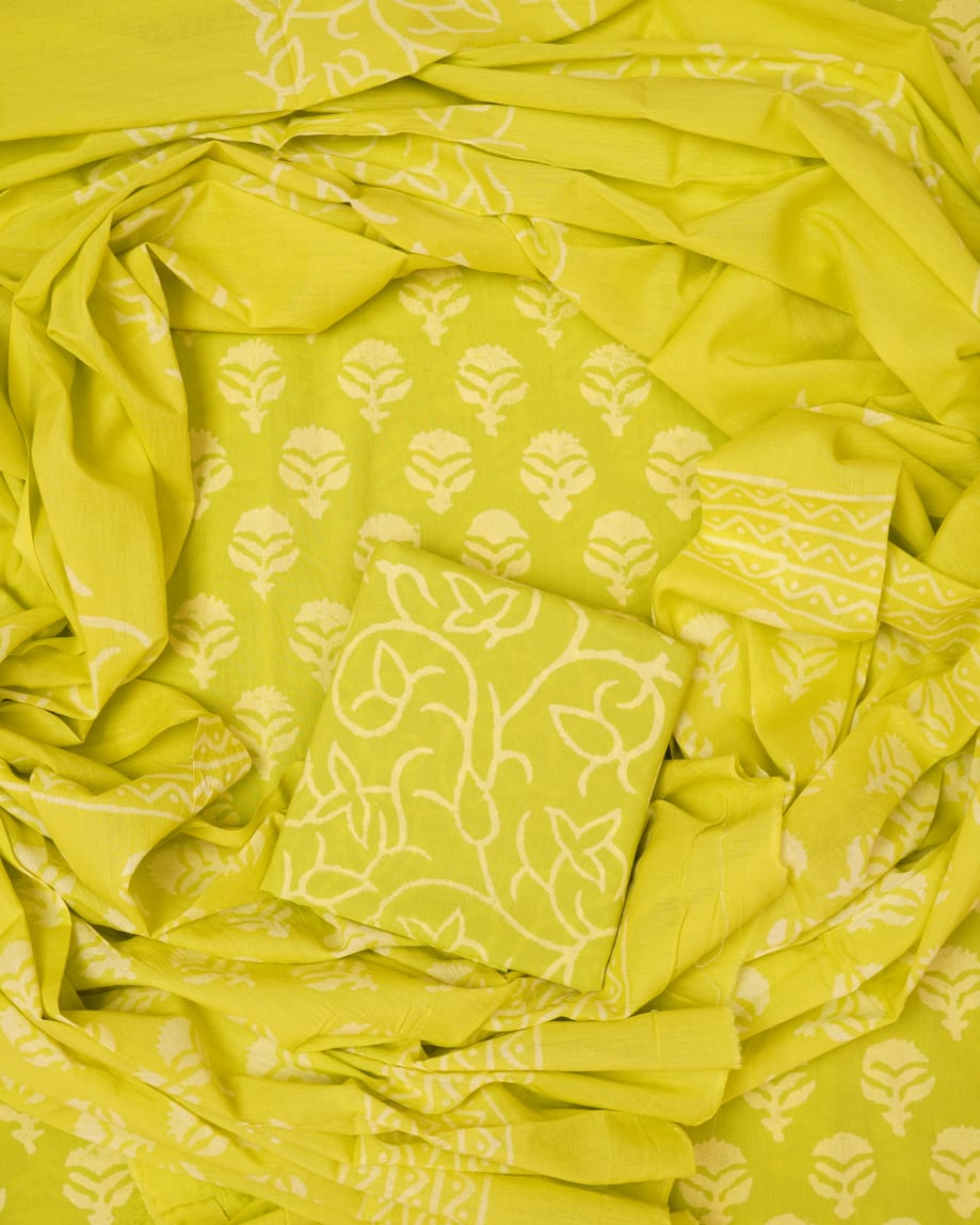 Hand Block Printed Unstiched Cotton Suit With Mulmul Dupatta